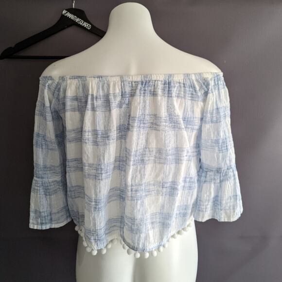 Abbeline Off the Shoulder Gauzy Plaid Cropped Top Sz Small - Picture 5 of 7